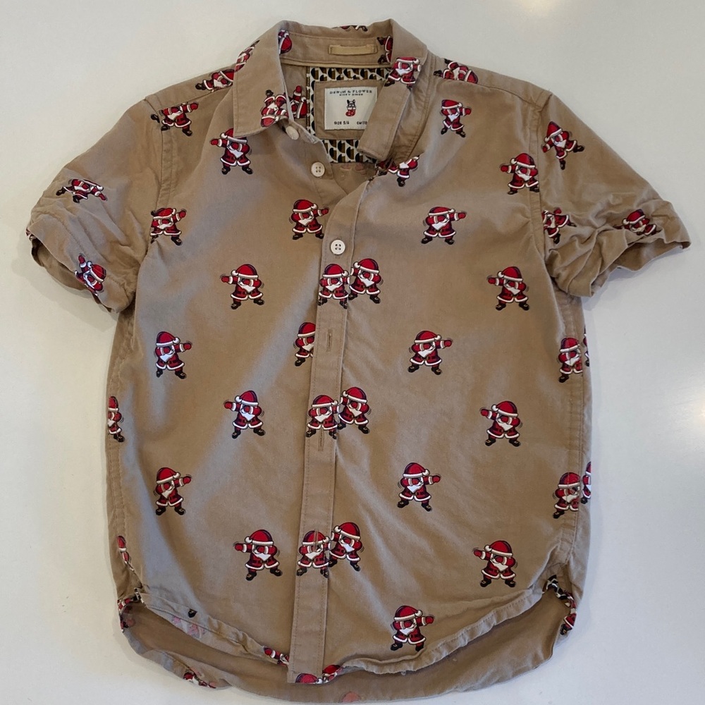 Boys Denim & Flower Santa Button Down Shirt Size 5/6